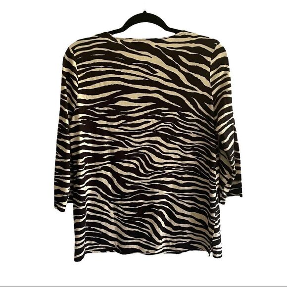 JONES NEW YORK Zebra Print Blouse Top Embellished Turquoise Stones Black Tan MP - Picture 4 of 7